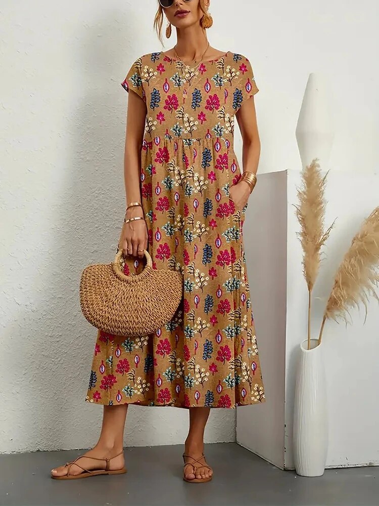 cotton aline summer dresses Zeagoo Floral Casual Dresses Modest Tshirt Dress Aline Midi Dress Floral  Boho Sundress with Pockets Cotton Ladies Summer Dress Travel Dress Holiday  Dresses