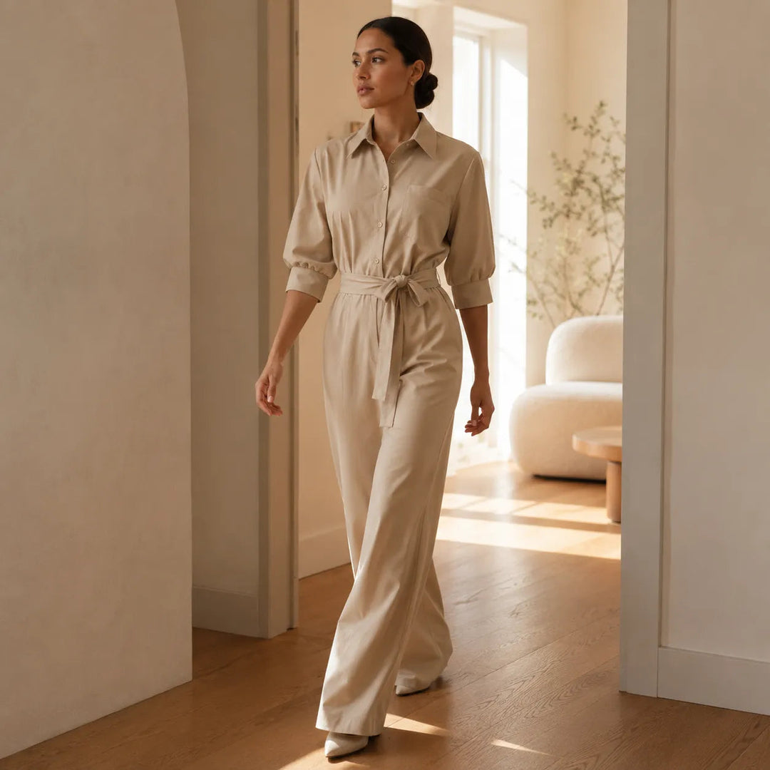 Solene | Wide-Leg Jumpsuit – Belted Shirt Style for Women