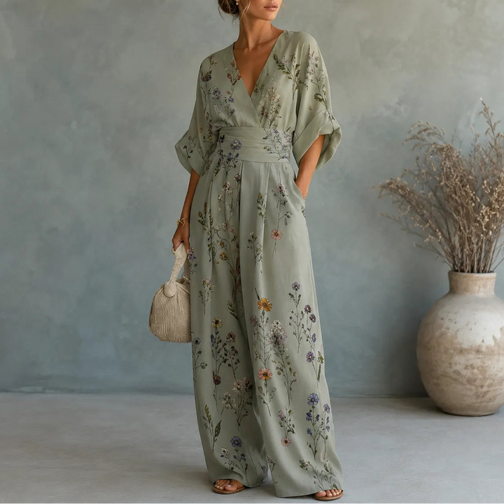 Solene | Printed Wide-Leg Jumpsuit – Flattering V-Neck Style
