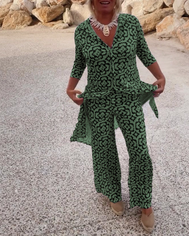 Isabella | Elegant V-Neck Tunic & Wide-Leg Trousers Set