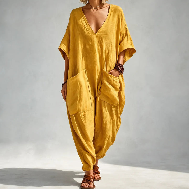 Soluna | Loose V-Neck Summer Jumpsuit – Relaxed Batwing Style for Women