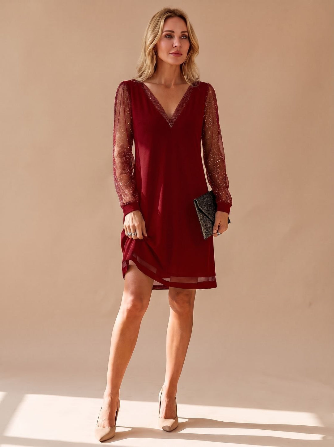 Scarlett | Mini Christmas Party Dress with Glitter Mesh Sleeves