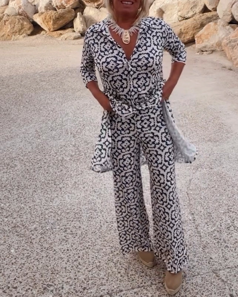Isabella | Elegant V-Neck Tunic & Wide-Leg Trousers Set