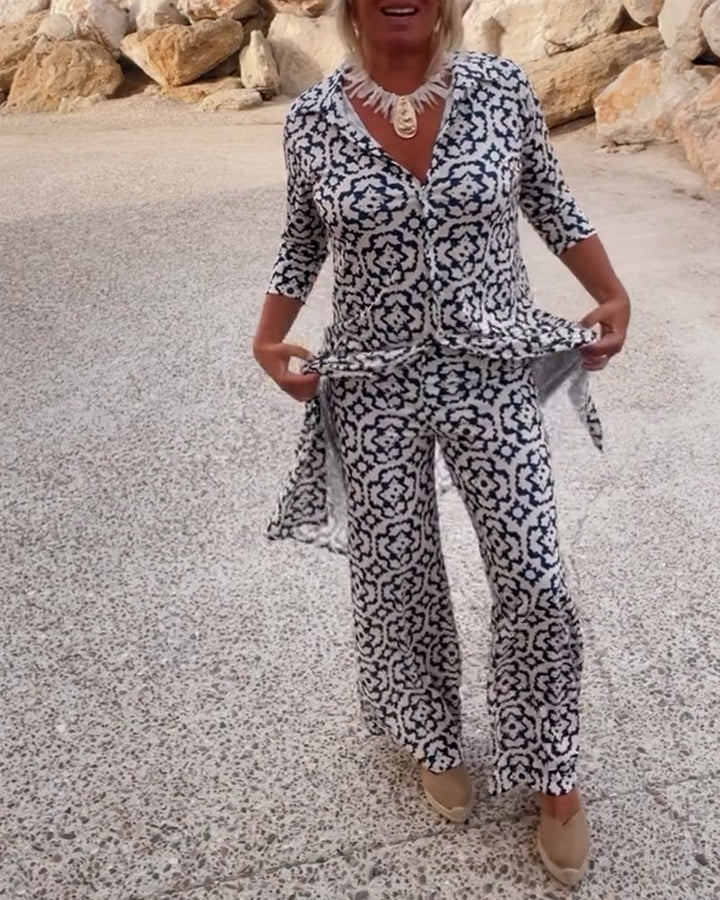 Isabella | Elegant V-Neck Tunic & Wide-Leg Trousers Set