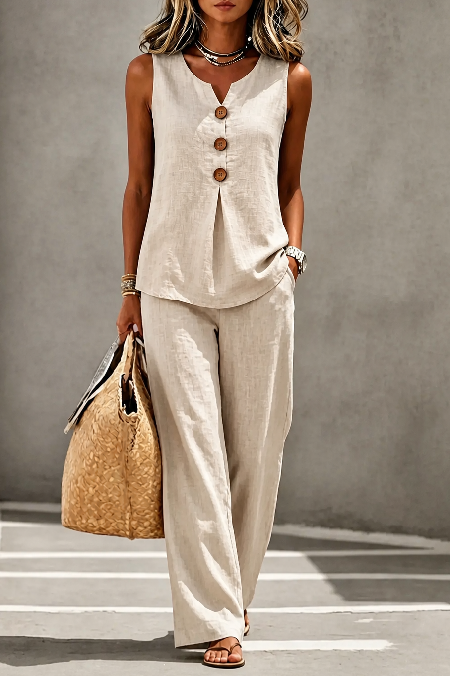 Ophira | V-Neck Button-Up Vest and Wide-Leg Pants Set for Women