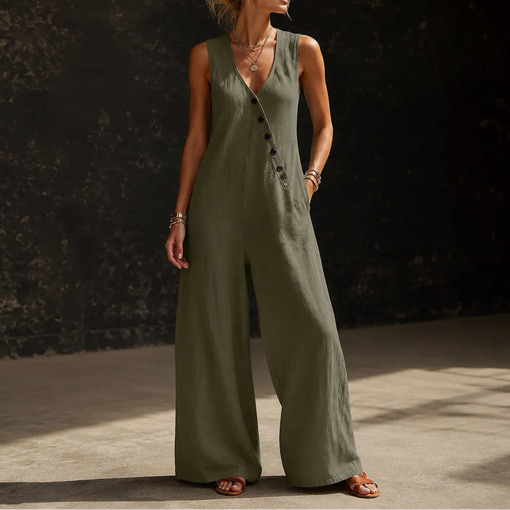 Wearvelle | Wide-Leg Jumpsuit – Sleeveless with Diagonal Buttons