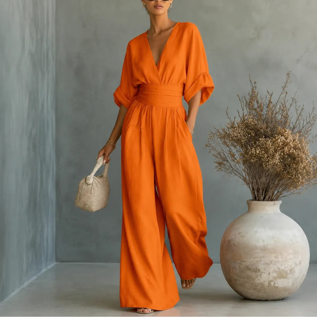 Solea | Wide Leg Jumpsuit – V Neck with Pleated Waist Sash for Women