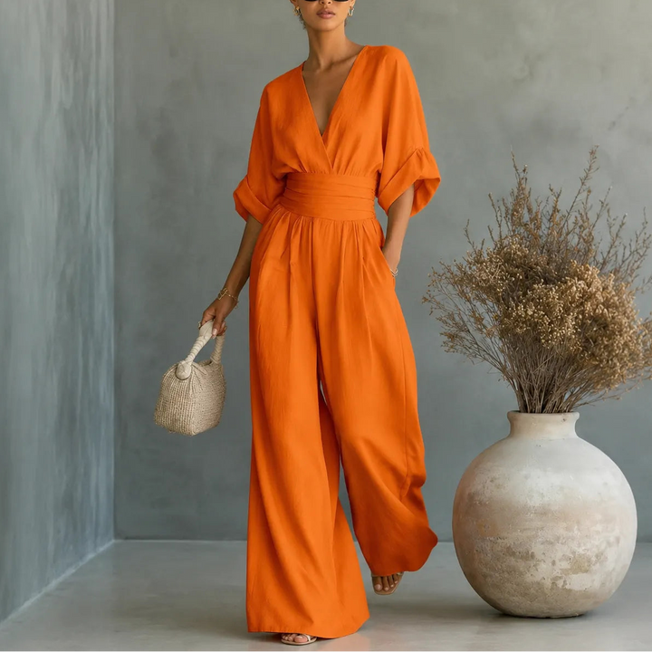Solea | Wide Leg Jumpsuit – V Neck with Pleated Waist Sash for Women