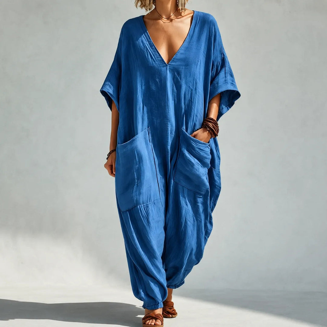 Soluna | Loose V-Neck Summer Jumpsuit – Relaxed Batwing Style for Women