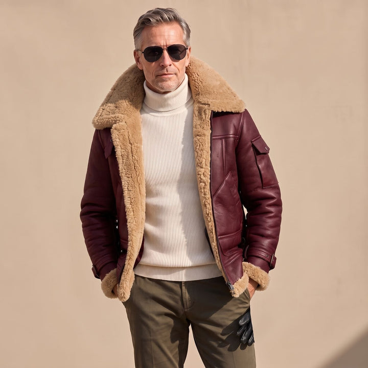 Felix | Leather Bomber Jacket with Teddy Fur Lining for Men