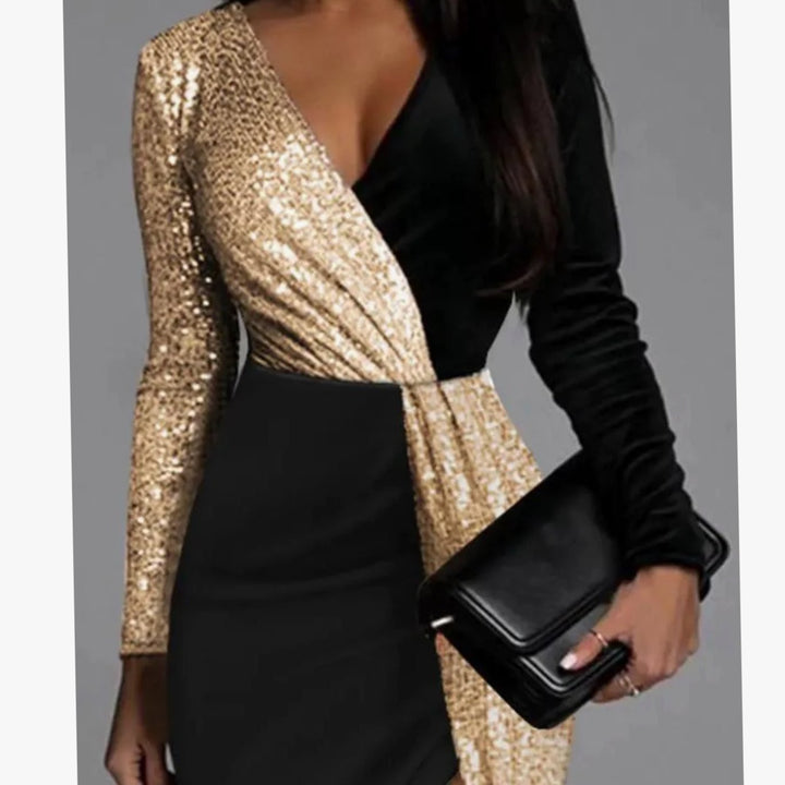 Sophia | Color-Block Sequin Dress – Long Sleeve Elegance for Women