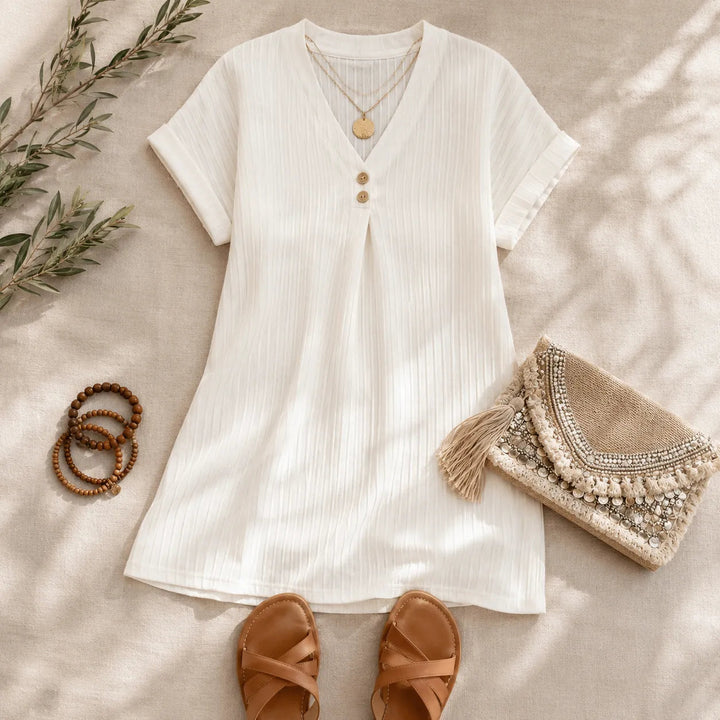 Lina | Ribbed V-Neck Shift Dress – Effortless Everyday Style for Women