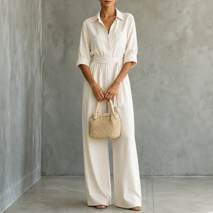 Solene | Wide-Leg Jumpsuit – Belted Shirt Style for Women
