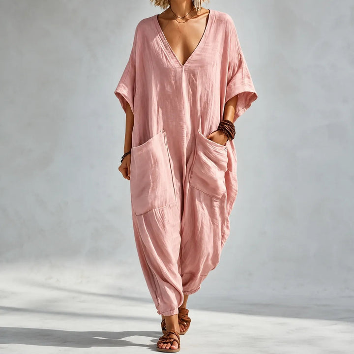 Soluna | Loose V-Neck Summer Jumpsuit – Relaxed Batwing Style for Women