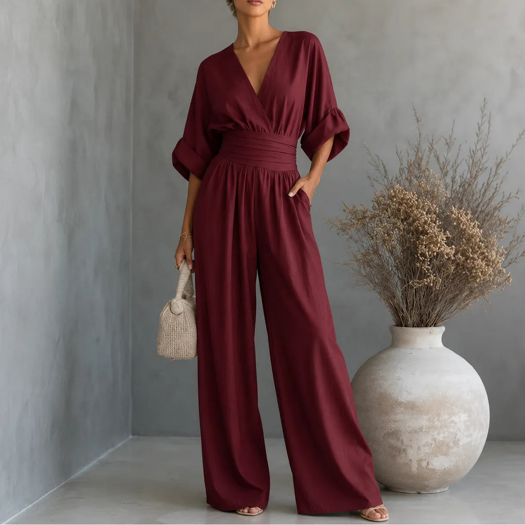 Solea | Wide Leg Jumpsuit – V Neck with Pleated Waist Sash for Women