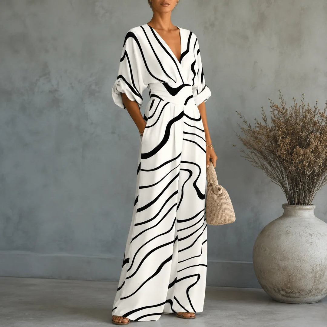 Solene | Printed Wide-Leg Jumpsuit – Flattering V-Neck Style