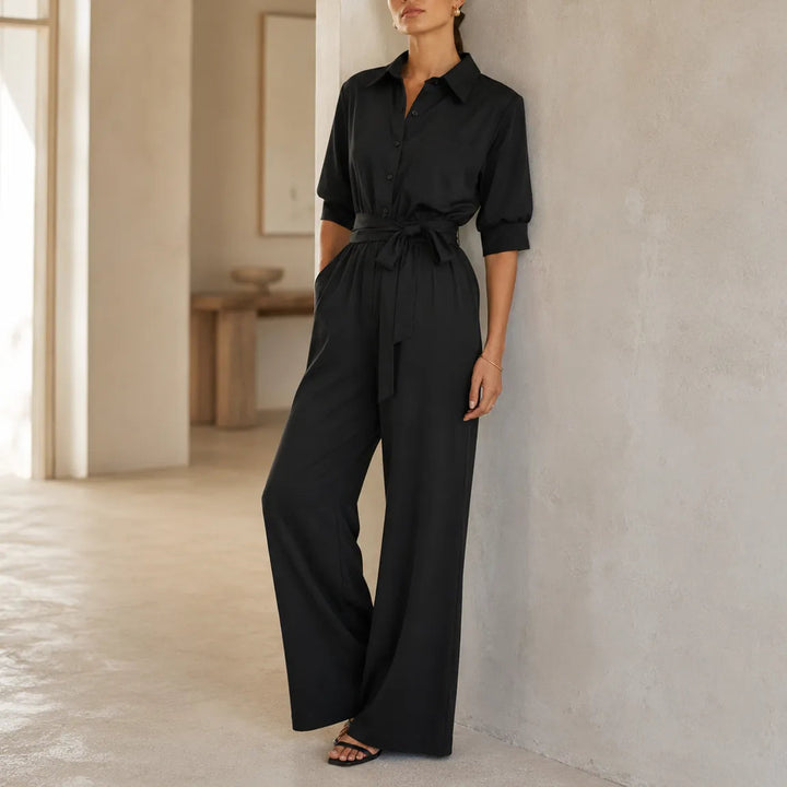 Solene | Wide-Leg Jumpsuit – Belted Shirt Style for Women