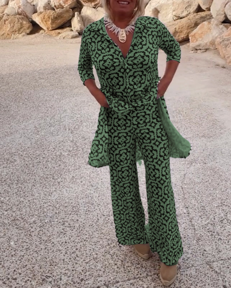 Isabella | Elegant V-Neck Tunic & Wide-Leg Trousers Set