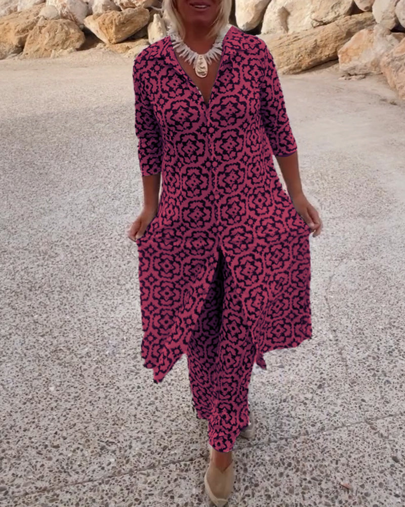 Isabella | Elegant V-Neck Tunic & Wide-Leg Trousers Set