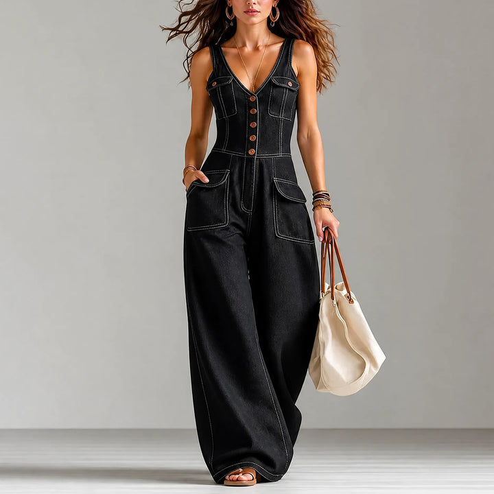 Ellora | Wide Leg Denim Jumpsuit – Button Front with Pockets for Women