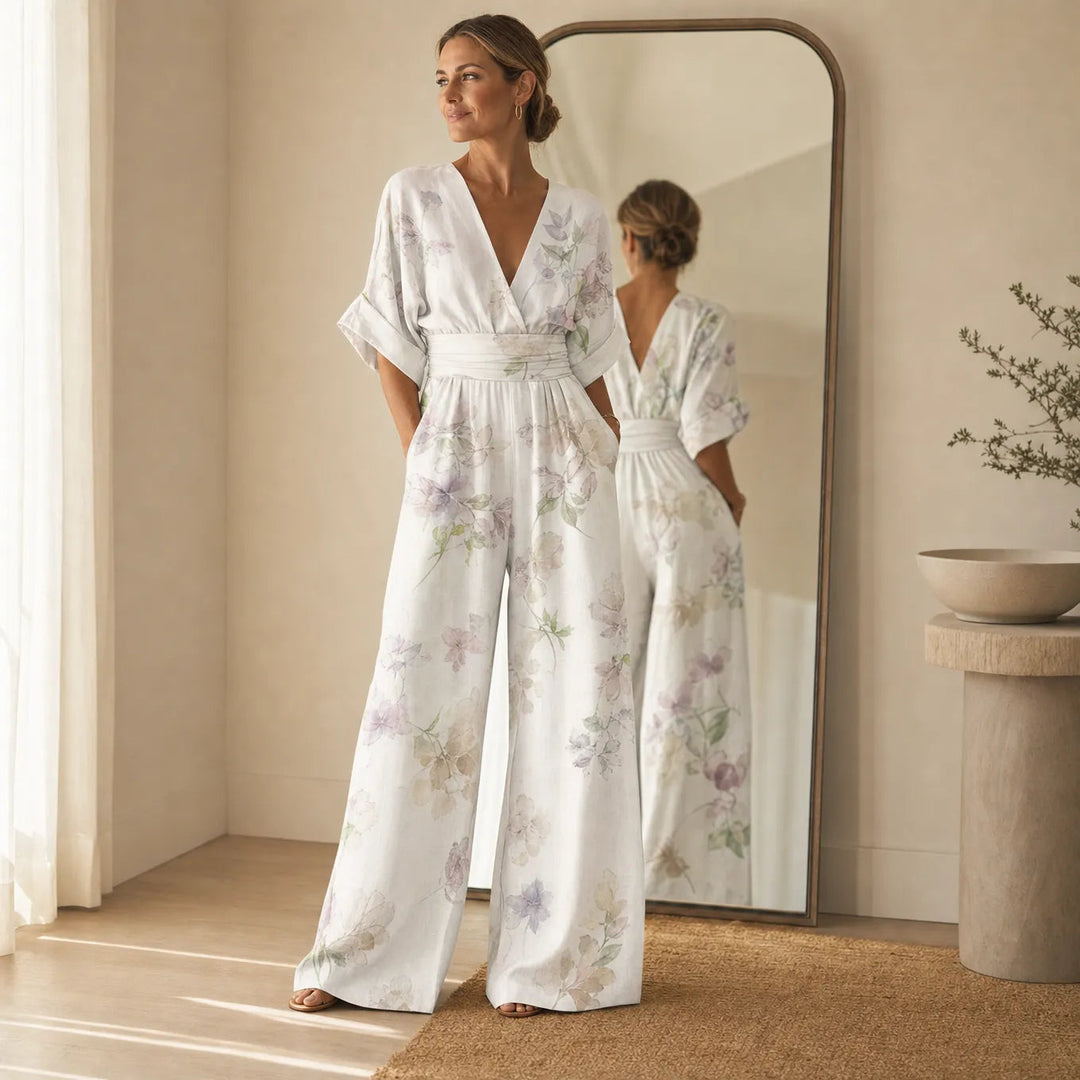Solene | Printed Wide-Leg Jumpsuit – Flattering V-Neck Style