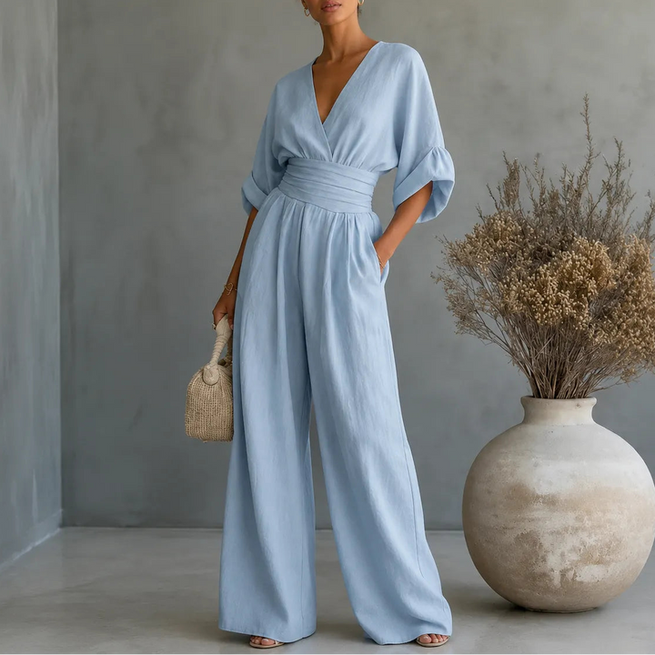 Solea | Wide Leg Jumpsuit – V Neck with Pleated Waist Sash for Women