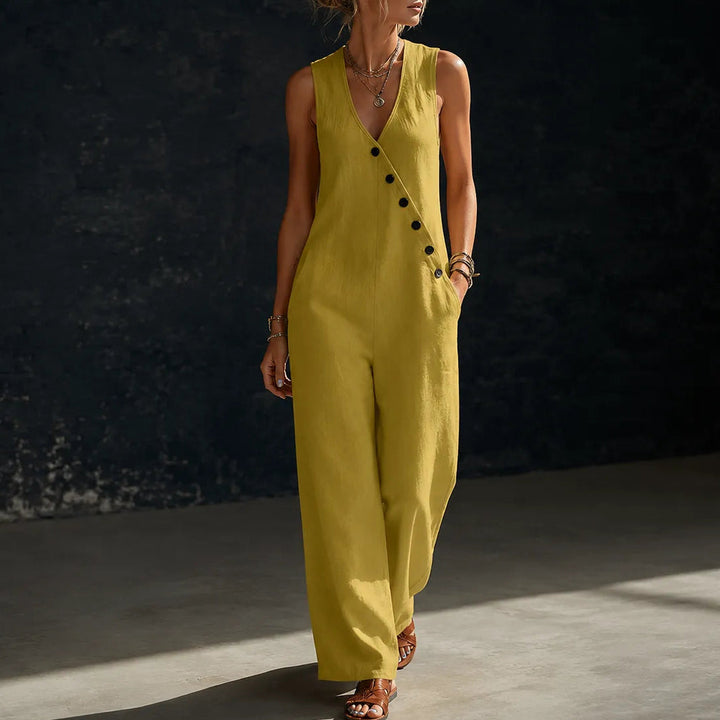 Wearvelle | Wide-Leg Jumpsuit – Sleeveless with Diagonal Buttons