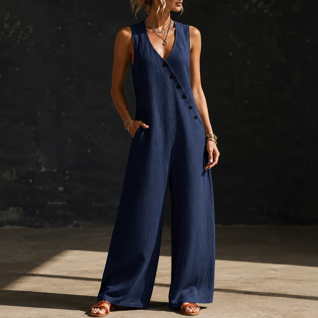 Wearvelle | Wide-Leg Jumpsuit – Sleeveless with Diagonal Buttons