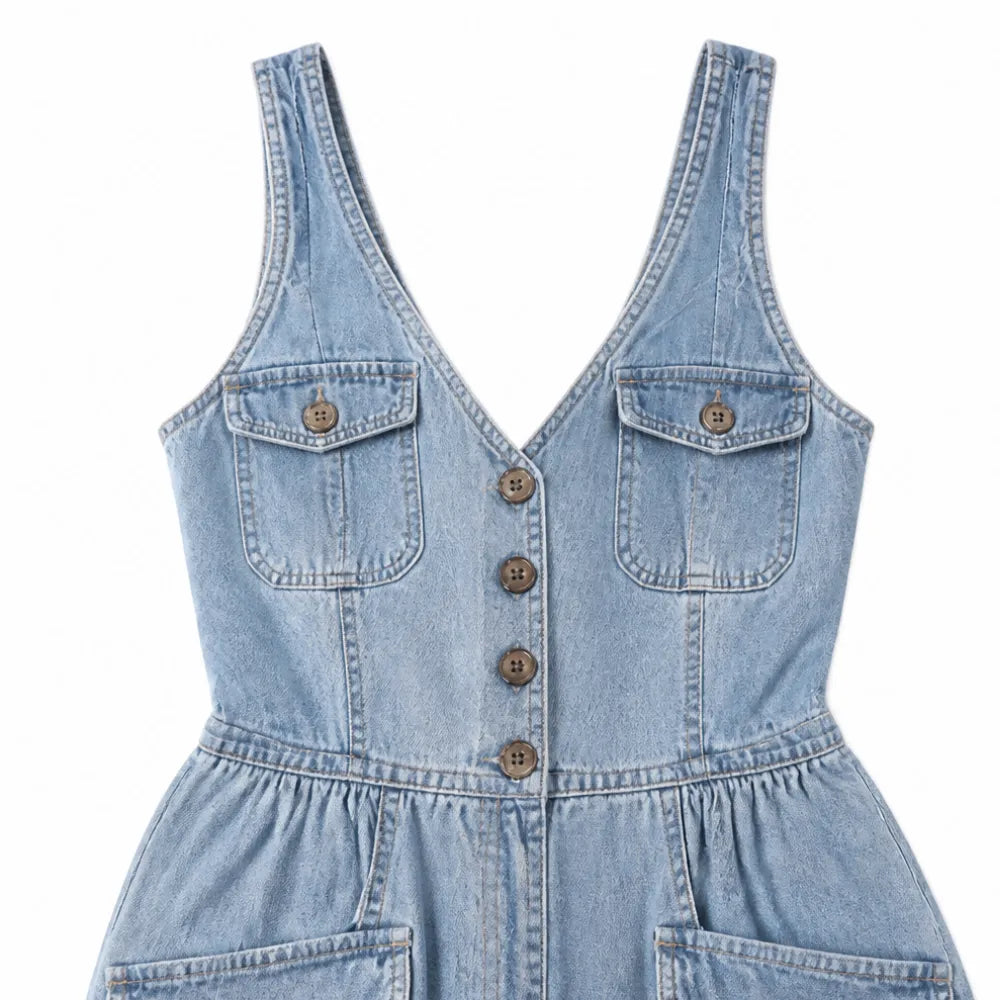 Ellora | Wide Leg Denim Jumpsuit – Button Front with Pockets for Women