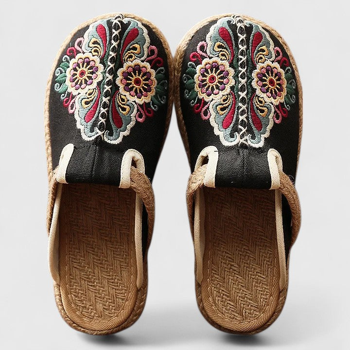Julia | Handcrafted Floral Embroidered Jute Mules