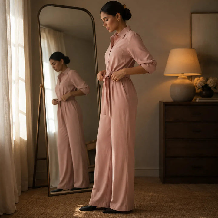 Solene | Wide-Leg Jumpsuit – Belted Shirt Style for Women