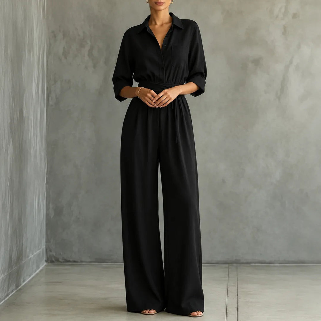 Solene | Wide-Leg Jumpsuit – Belted Shirt Style for Women