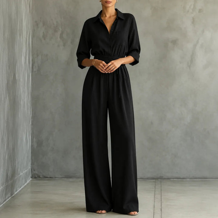 Solene | Wide-Leg Jumpsuit – Belted Shirt Style for Women