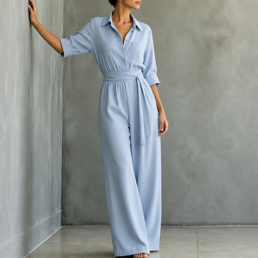 Solene | Wide-Leg Jumpsuit – Belted Shirt Style for Women