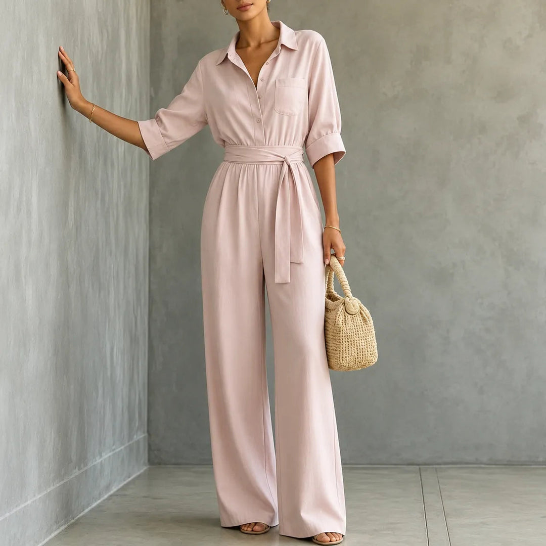 Solene | Wide-Leg Jumpsuit – Belted Shirt Style for Women