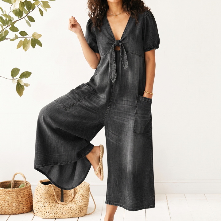Rowanvale | Tie-Front Denim Jumpsuit – Relaxed Wide-Leg Style for Women
