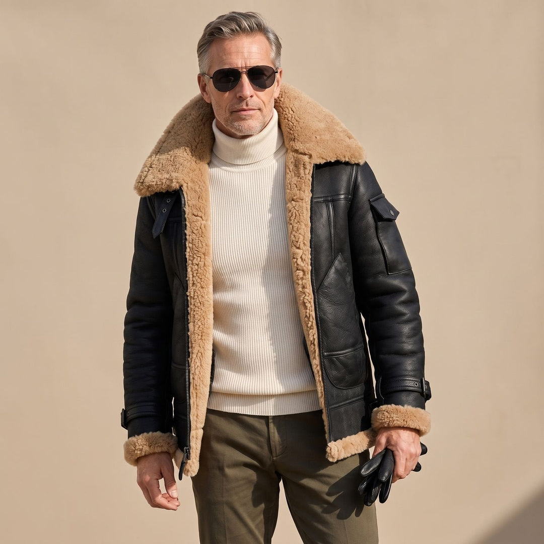Felix | Leather Bomber Jacket with Teddy Fur Lining for Men