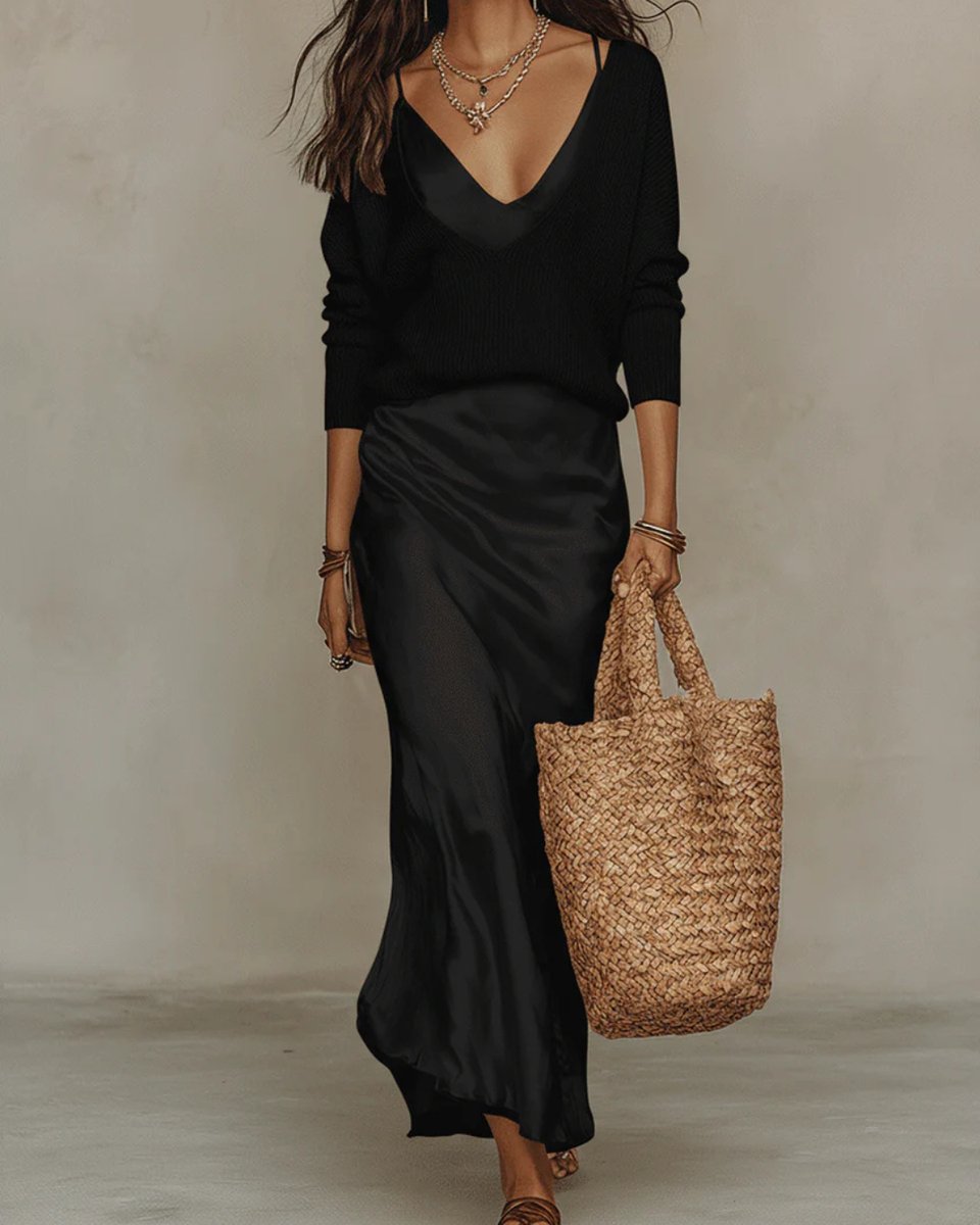 Sienna | Abito midi elegante e versatile in raso con maniche lunghe