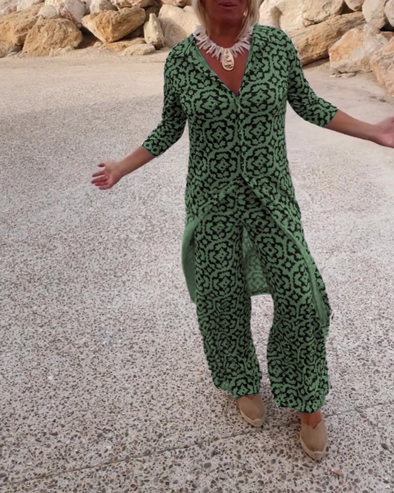 Isabella | Elegant V-Neck Tunic & Wide-Leg Trousers Set