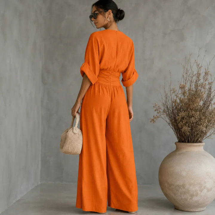 Solea | Wide Leg Jumpsuit – V Neck with Pleated Waist Sash for Women