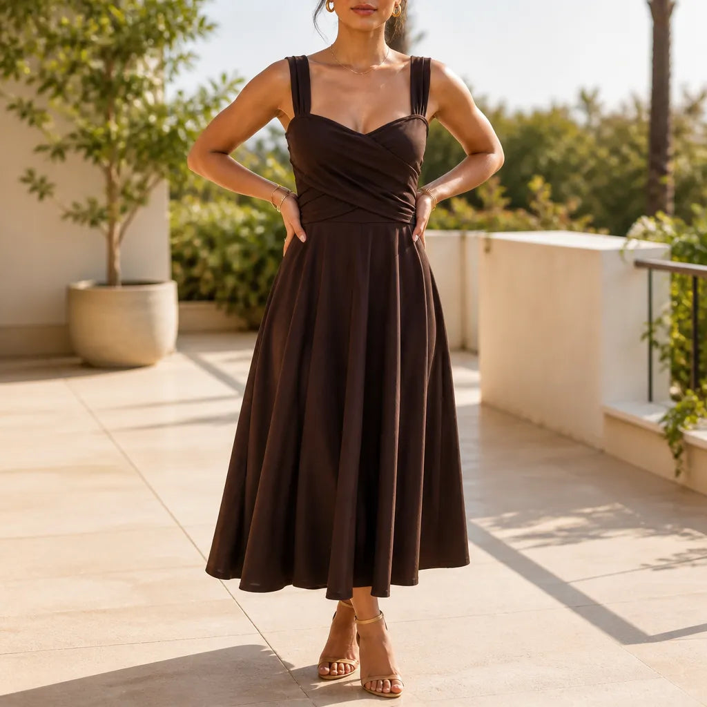Vellora | Ruched Sweetheart Midi Dress – Flared Style with Pockets