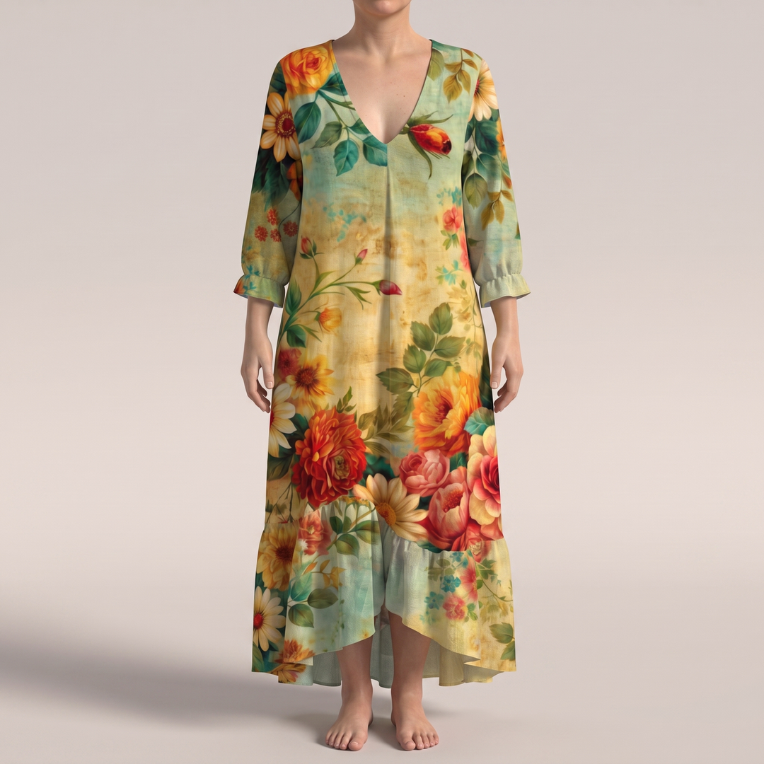 Lysandra | Floral Midi Dress – Elegant Asymmetrical Hem