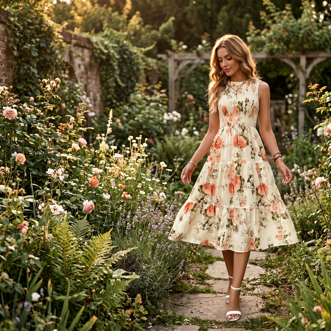 Florenza | Midi Dress – Floral Smocked Design for Women