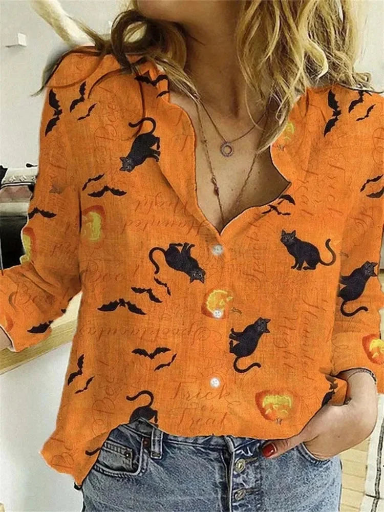 W&W | Halloween Blouse – Cozy Cat Print Top for Women