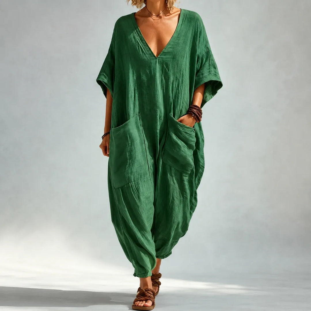 Soluna | Loose V-Neck Summer Jumpsuit – Relaxed Batwing Style for Women