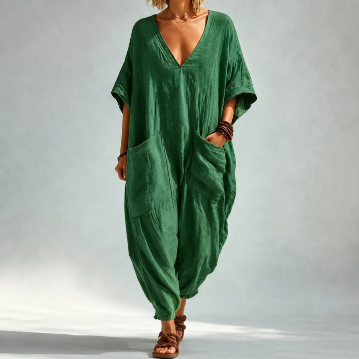 Soluna | Loose V-Neck Summer Jumpsuit – Relaxed Batwing Style for Women
