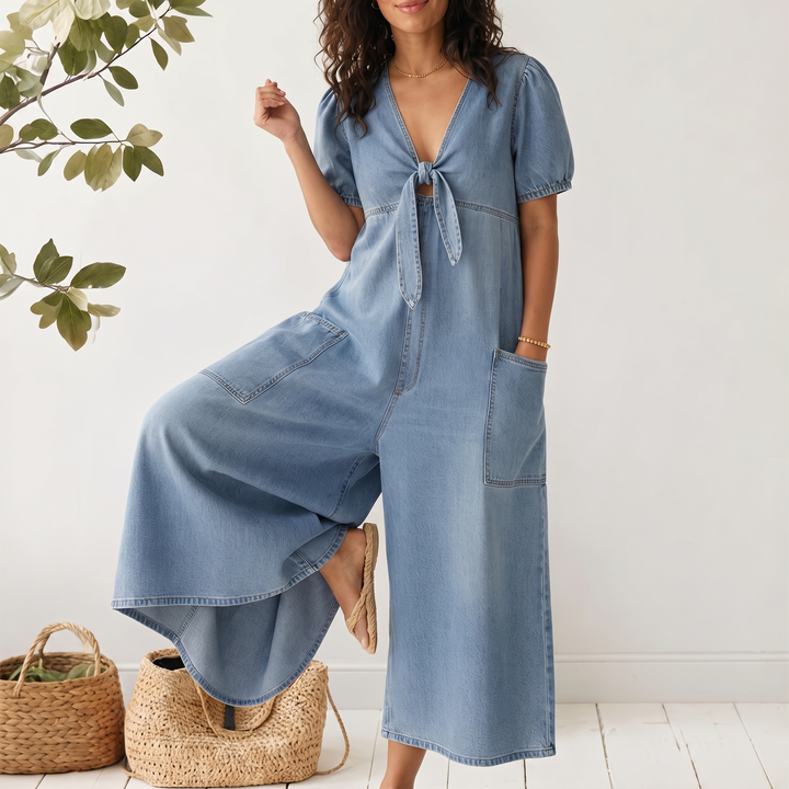 Rowanvale | Tie-Front Denim Jumpsuit – Relaxed Wide-Leg Style for Women