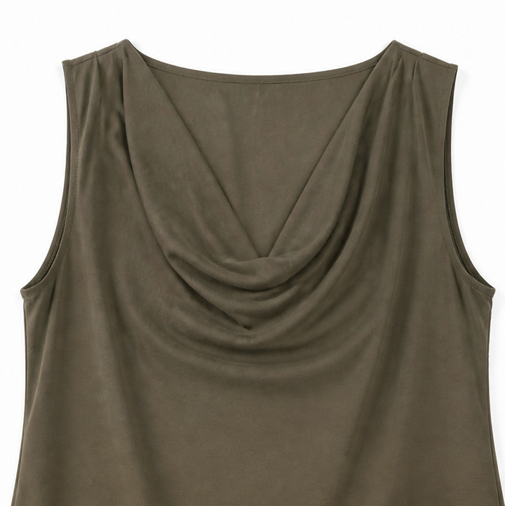 Solvea | Cowl Neck Shift Dress – Sleeveless Mini with Pockets