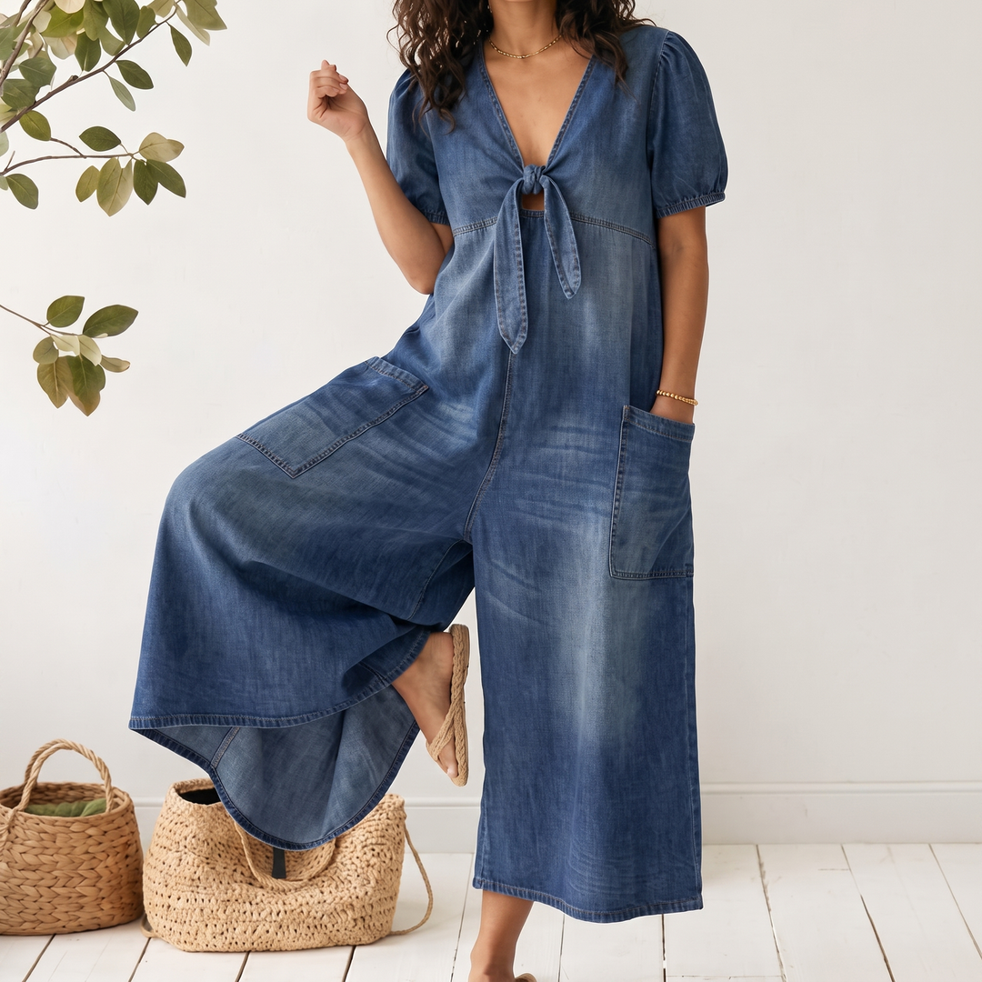 Rowanvale | Tie-Front Denim Jumpsuit – Relaxed Wide-Leg Style for Women