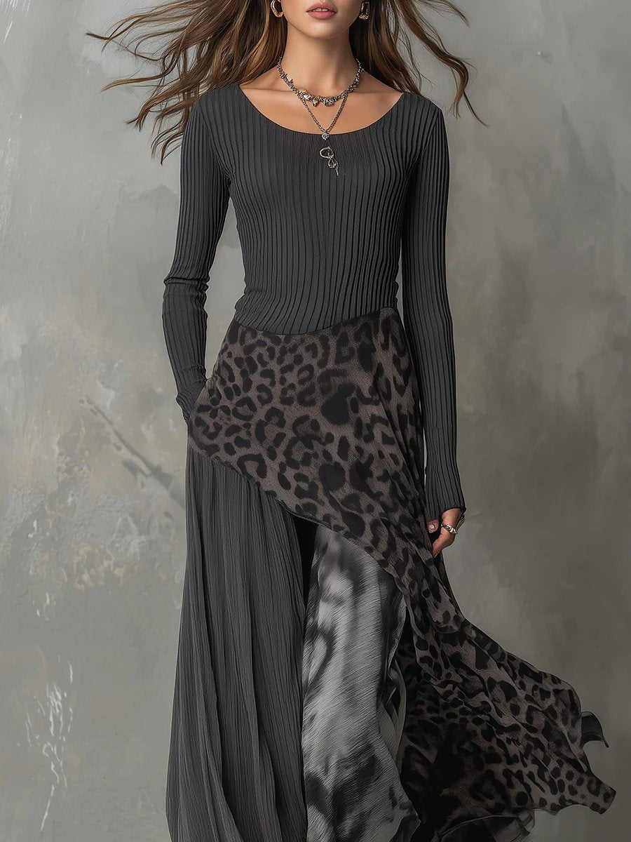 Mira | Modernes und stilvolles Maxikleid mit Leopardenmuster und langen Ärmeln